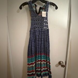 Free People Crochet Boho Mini Dress in Navy with Teal & Red Accents